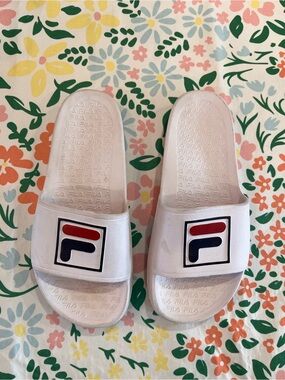 FILA White Slides with Red & Navy Logo